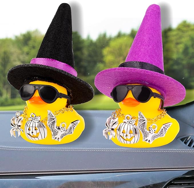 Rubber Duck Car Ornaments Yellow Duck Car Dashboard Decorations with Mini Witch Hat Sunglasses Necklace and Cute Accessories for Party Gifts(H3)