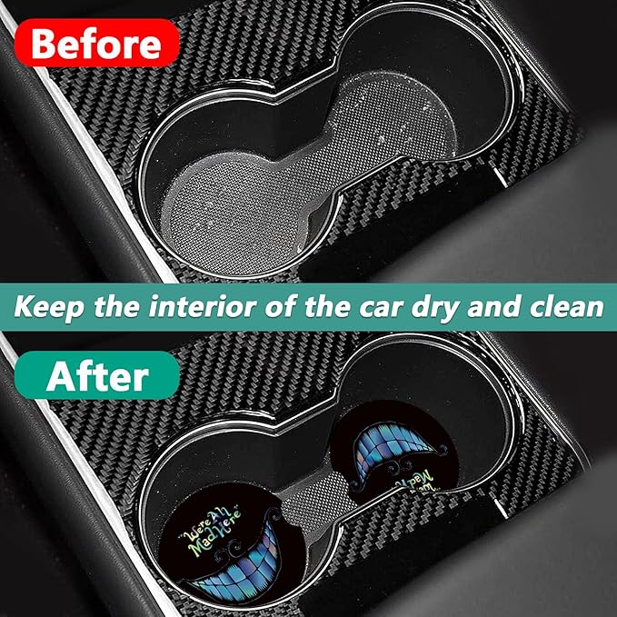 2 Pack Car Cup Holder Coasters - Halloween Alice Absorbent Ceramic Coaster, Car Coasters for Cup Holders, Car Interior Accessories for Women Men