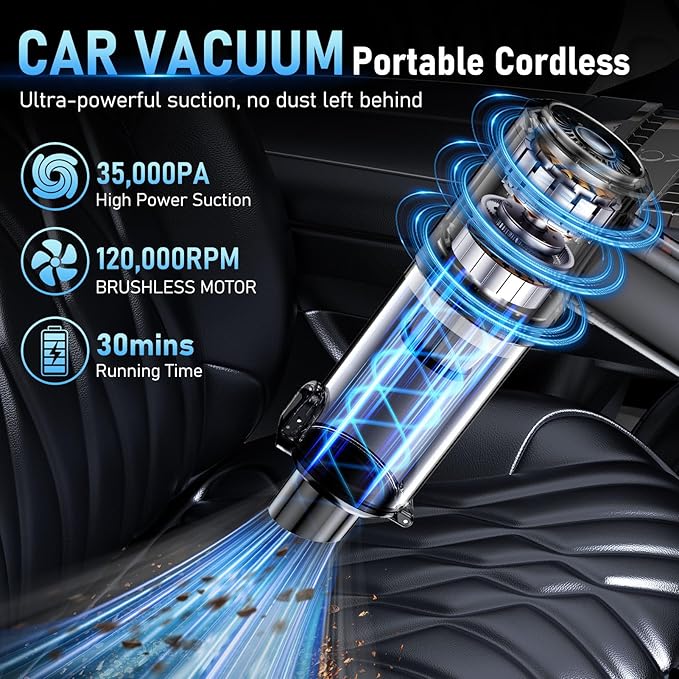 Car Vacuum Portable Cordless, 35000Pa High Power Brushless Motor Handheld Vacuum, 6-in-1 Rechargeable Mini Cleaner with Air Duster for Car, Home, Pet Hair, Keyboard,Grey