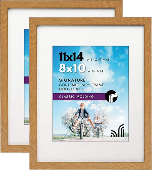 Americanflat 11x14 Picture Frame with Shatter-Resistant Glass - Set of 2 - Use as 8x10 Frame with Mat or Display 11x14 Photo Without Mat - Signature Collection - Picture Frames for Wall - Dark Oak