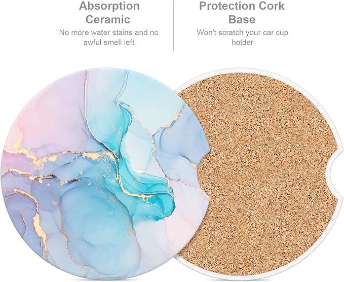 Car Cup Holder Coaster, Car Coasters for Cup Holders, 2 Pack Universal Anti Slip Insert Absorbent Ceramic Auto Interior Accessories with A Finger Notch & Cork Base, Colorful Ink Marble