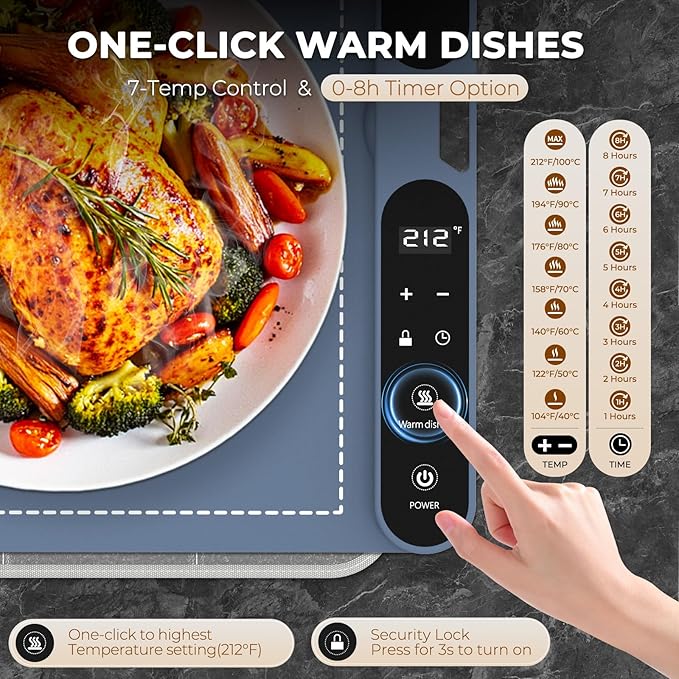 Homelove Food Warming Mat for Parties Buffet - Full Surface Fast Heating Electric Warming Tray with 7 Temp-Settings & 8H Timer, Portable Roll Up Food Warmer with Heat Insulation Pad XL-Navy