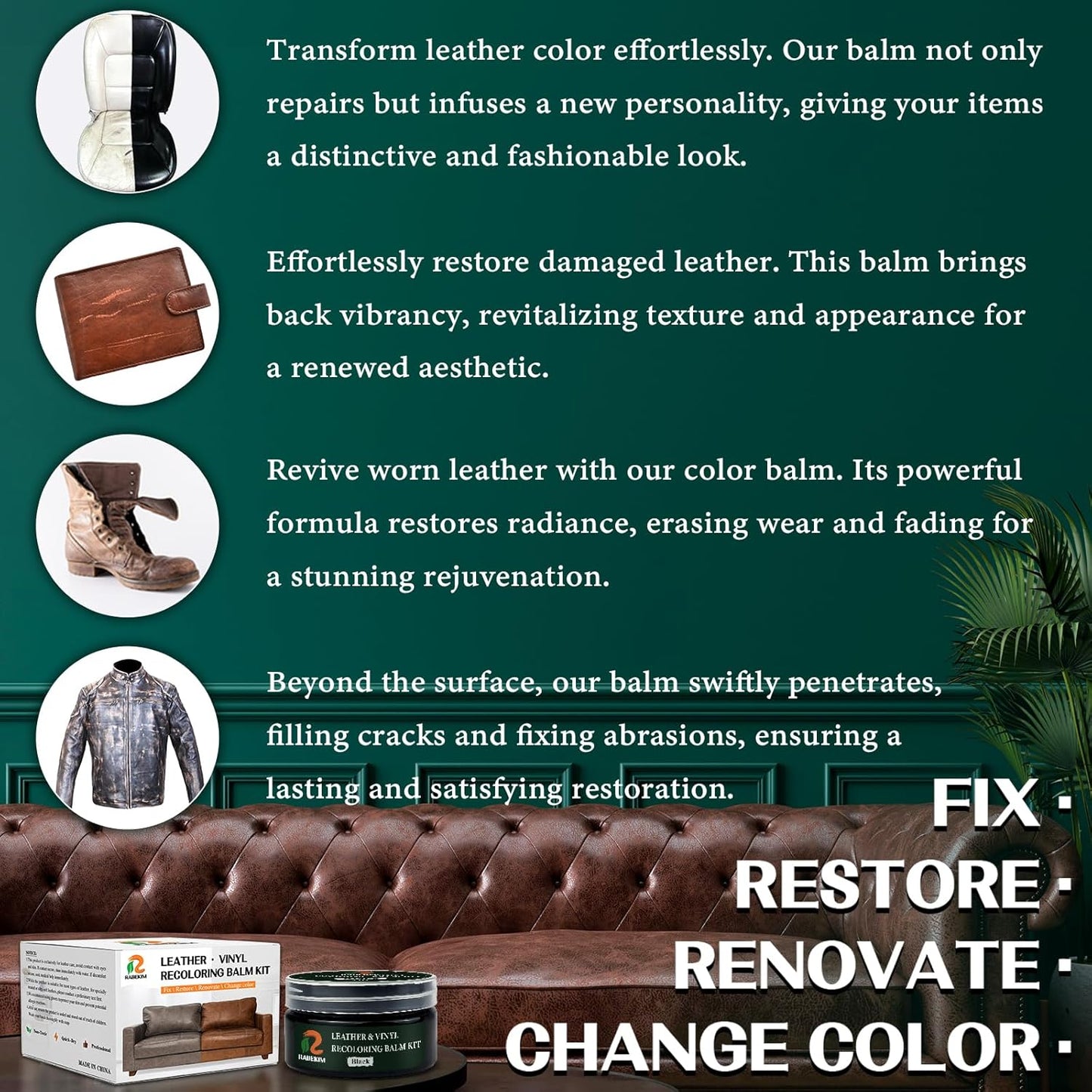 Black Leather Repair Kit, Leather Recoloring Balm – Restore & Repair Faded Leather on Couches, Car Seats, Shoes & Furniture | Leather Color Restorer & Conditioner | Easy DIY Application