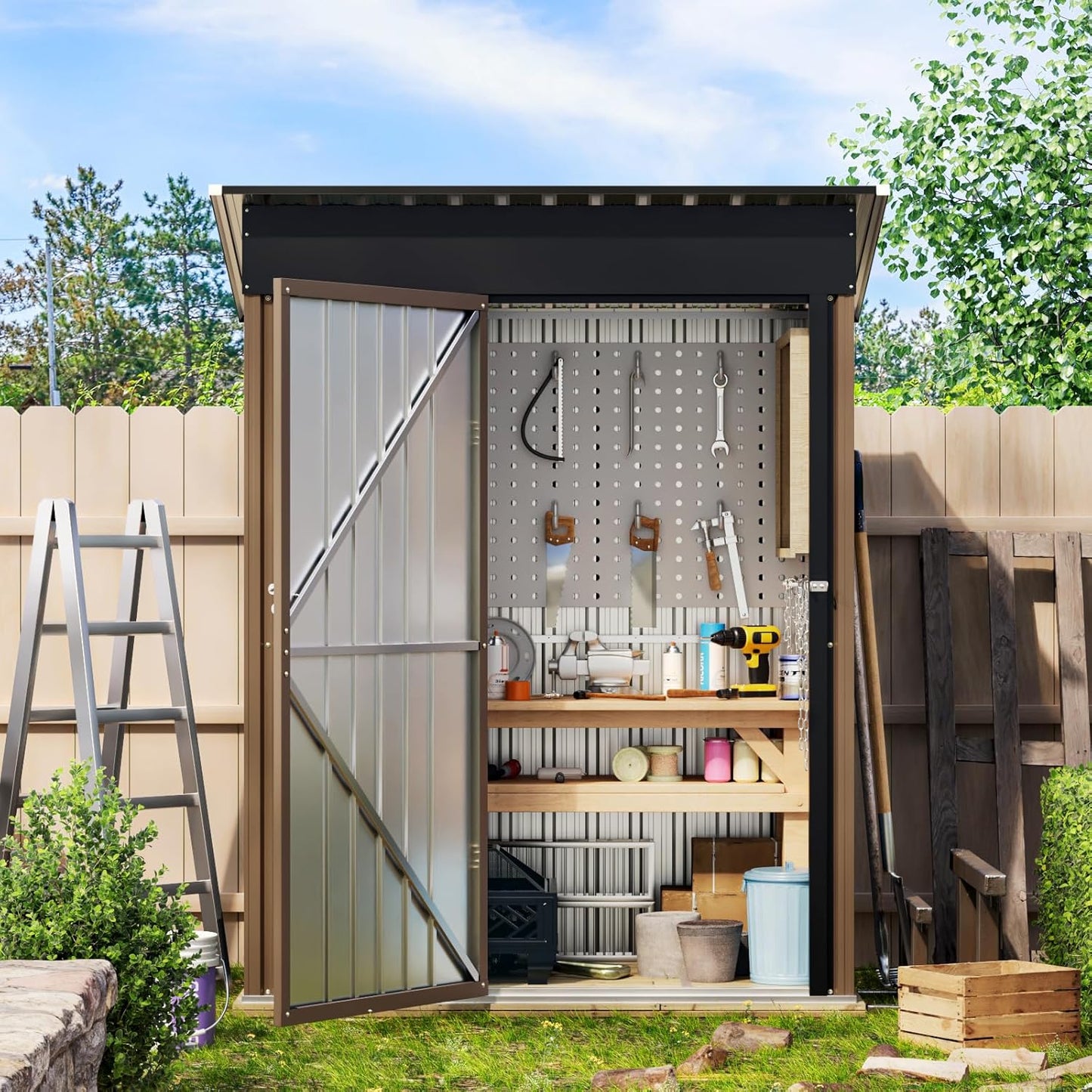 5X3FT Outdoor Steel Storage Shed with Lockable Doors, One Window,Ideal for Garden, Backyard, Patio Storage,Brown