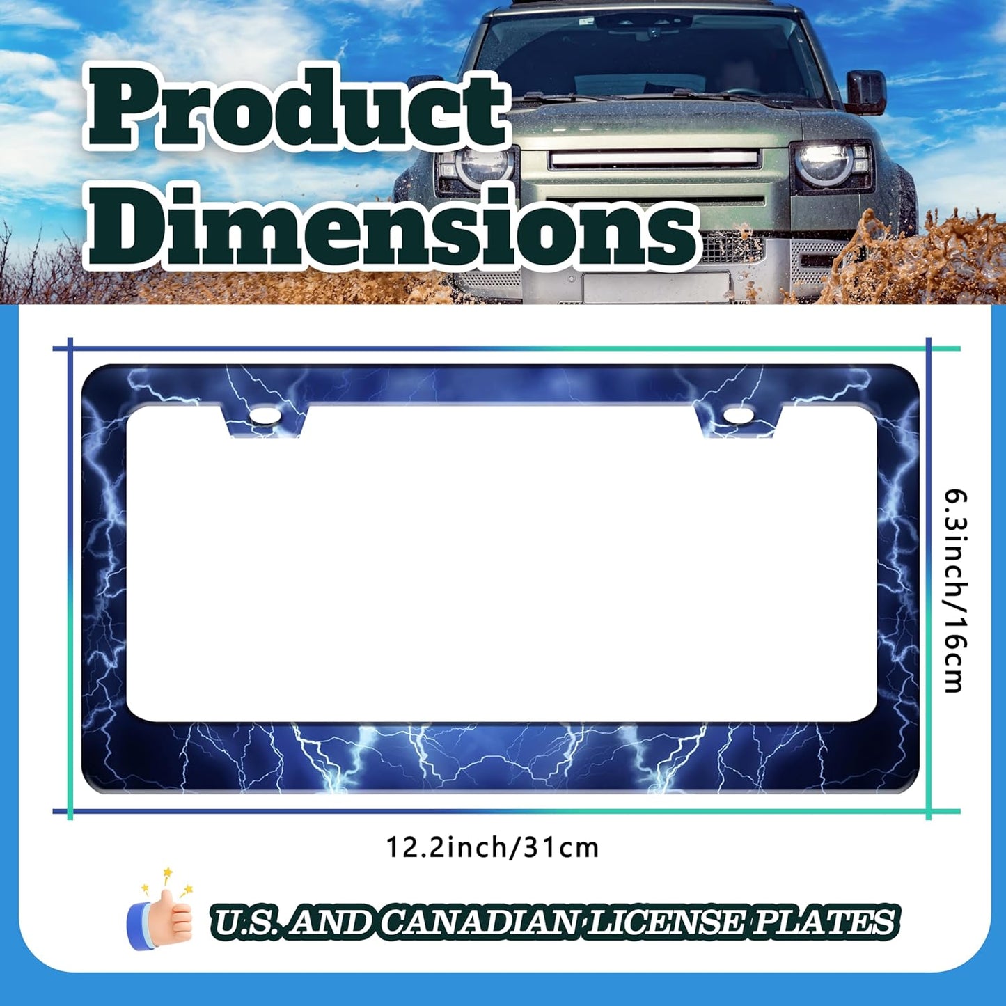 Blue Lightning License Plate Frame Funny Thunder License Plate Holder for Front or Rear Car Tags Reusable Durable Stainless Steel Car Decoration with Screws 6.3 X 12.2 Inch for Men Women