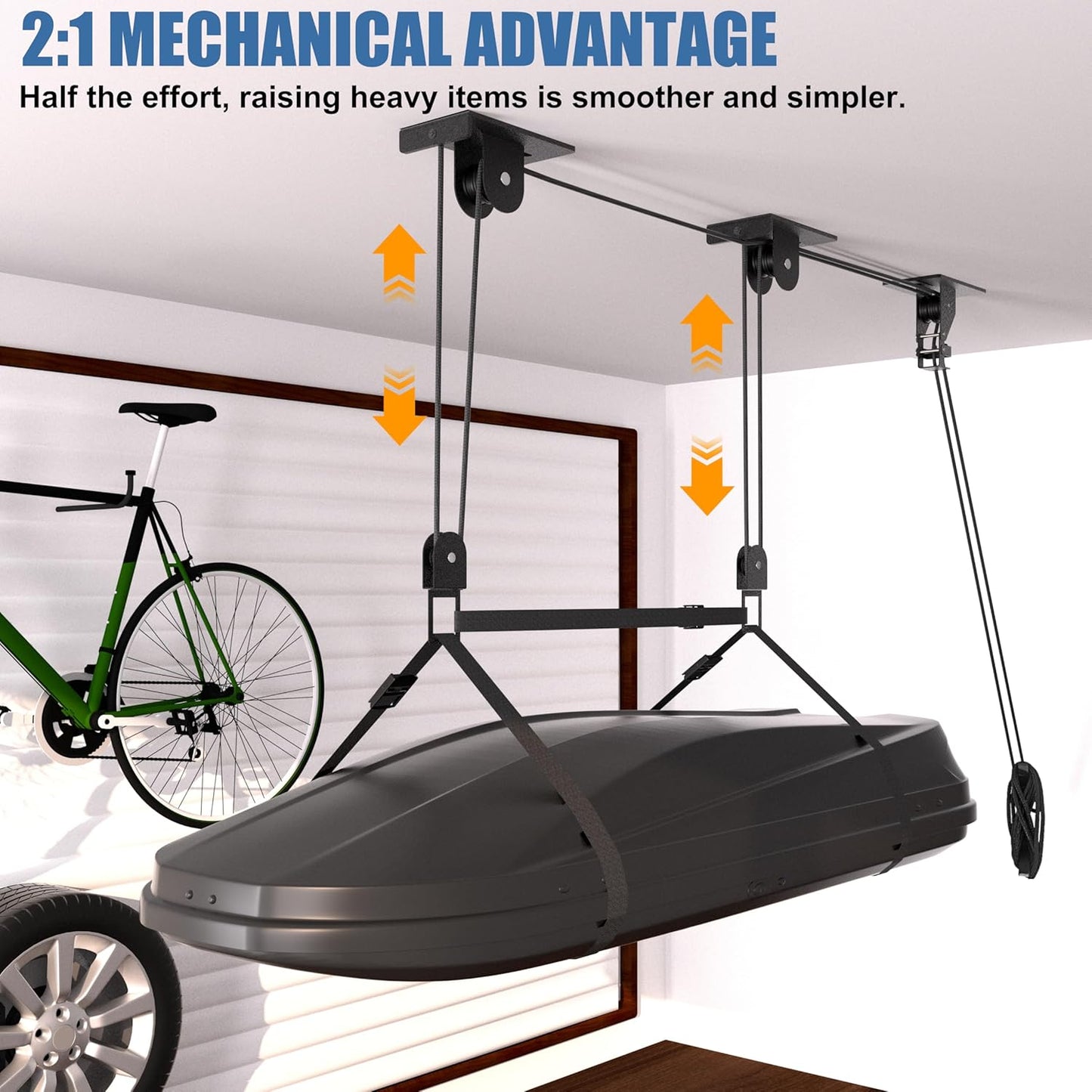 Cargo Box Pulley System for Garage Storage, Heavy-Duty Kayak/Canoes/Bikes/Ladders Ceiling Hoist, Hold Up to 150 lbs Capacity, Fit 10-18 Foot Ceilings, Black