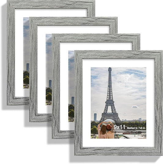 9x11 Picture Frame Set of 4, Made of Real Glass and Grey Frame - Display Picture 7x9 with Mat or 9x11 Without Mat, 9 by 11 Photo for Wall or Tabletop