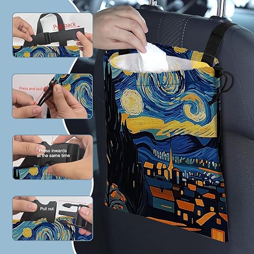 Vintage Starry Sky Car Trash Bag,Night Town Hanging Drawstring Car Garbage Bag,Canvas Car Back Seat Organizer with Adjustable Buckle for Men and Women