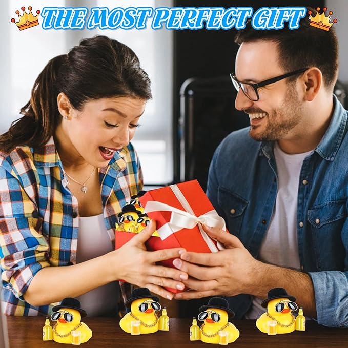 Rubber Ducks Car Decorations, Funny Duck with Black Top Hat Gold Necklace Sunglasses Beer Glass and Bottle, Squeaky Dashboard Decor Accessories for Car Interior, DIY Office Home Decor Gift
