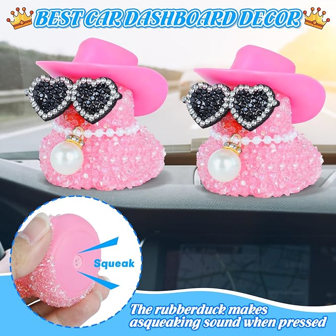 BOZILY Pink Diamond Rubber Duck Car Dashboard Decor with Cowboy Hat, Heart Sunglasses, Pearl Necklace, Squeaky Rubber Duck Ornament for Cool Car Accessories, Office and Home Decor