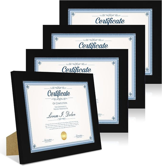 8.5 x 11 Picture Frame Set of 4, Made of Real Glass and Black Certificate & Diploma Frame, 8.5 by 11 Photo for Wall or Tabletop - Display Picture 6x8 with Mat or 8.5x11 Without Mat