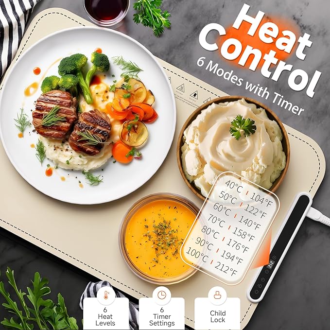 Warming Mat for Food - Electric Warming Tray, Full Surface Rapid Heating Food Warmer Mat with 6 Temperature Settings, Silicone Heating Pad, Great Gift for Women (Beige, X Large Size: 24"x15")