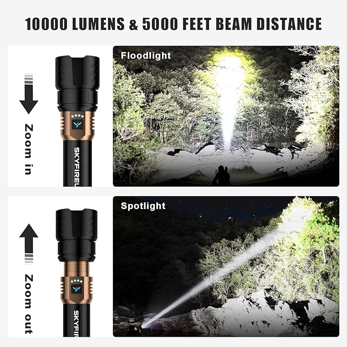 SKYFIRE Rechargeable Flashlight High Lumens,Super Bright Flashlight,Zoomable,Four Modes,Waterproof LED Flash Light for Camping Essentials,Outdoor and Home Emergencies-8000mAh