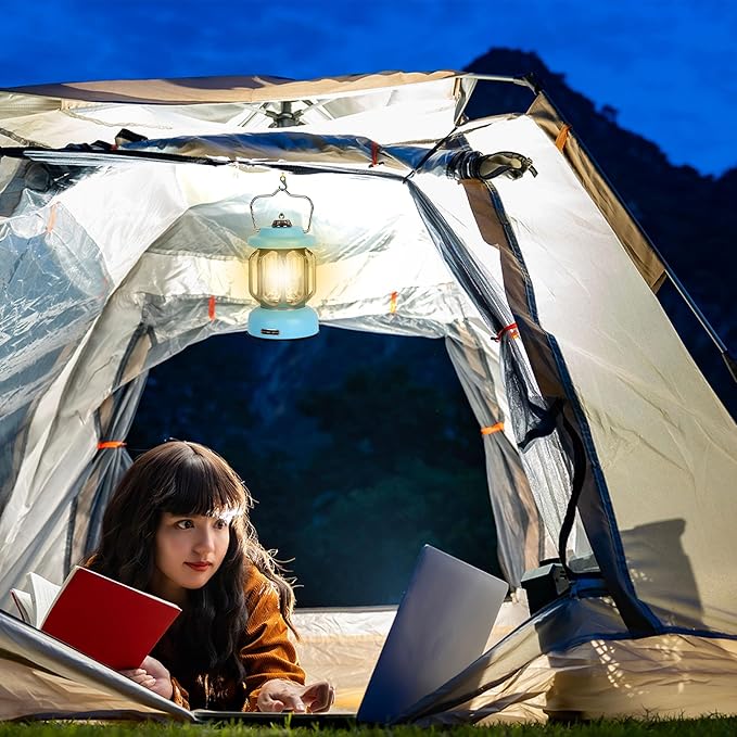 Rechargeable LED Camping Lanterns, Vintage Camping Lights Battery Operated, Portable Retro Metal Glamping Lights for Hiking, Hurricane, Decoration, Power outages, Blue, 1 Pack