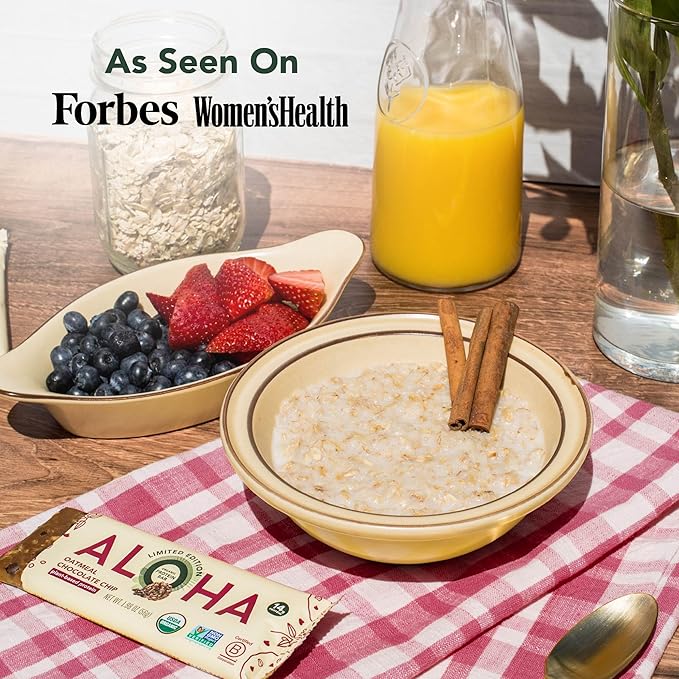 ALOHA Organic Plant Based Protein Bars - Oatmeal Chocolate Chip - 12 Count, 1.9oz Bars - Vegan Snacks, Low Sugar, Gluten-Free, Low Carb, Paleo, Non-GMO, Stevia-Free, No Sugar Alcohols