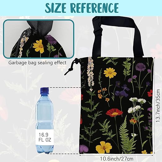 Car Garbage Bag Colorful Flowers and Green Fern Hanging Canvas Car Trash Bag Waterproof Drawstring Car Back Seat Organizer for Car Back Front Seat Console with Adjustable Buckle