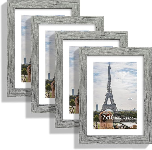 7x10 Picture Frame Set of 4, Made of Real Glass and Grey Frame - Display Picture 5.5x8.5 with Mat or 7x10 Without Mat, 7 by 10 Photo for Wall or Tabletop