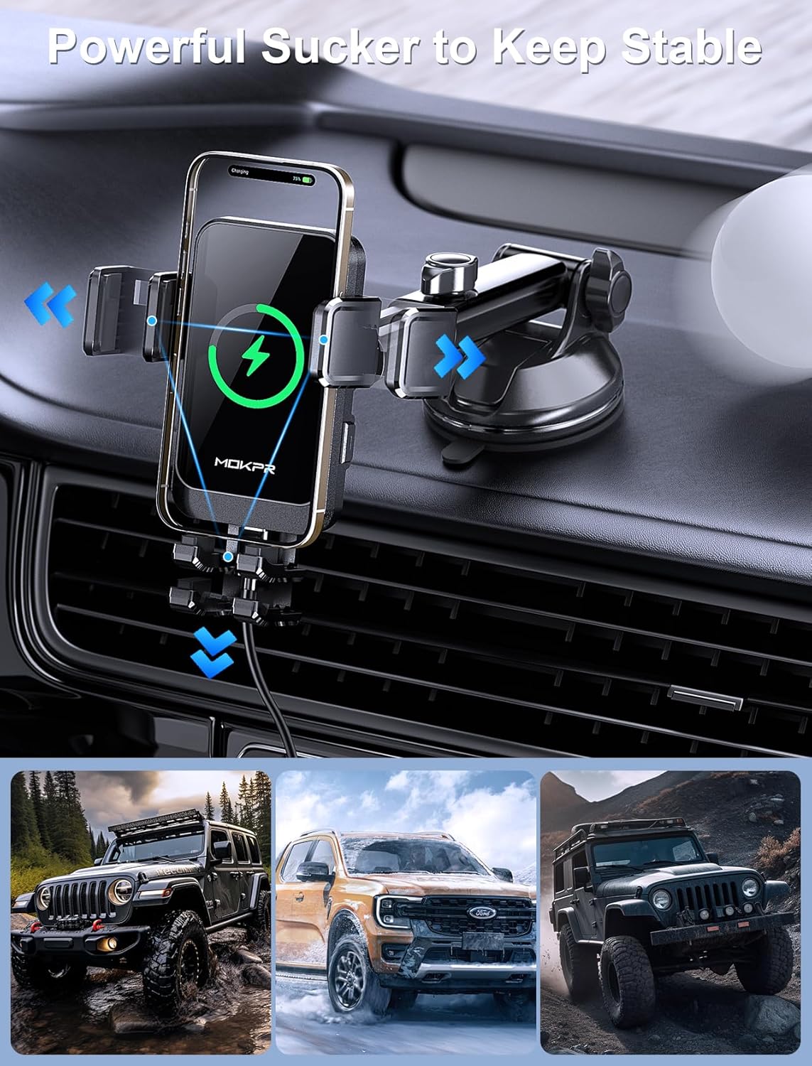 Wireless Car Charger, MOKPR 15W Fast Charging Auto Clamping Dashboard Windshield Air Vent Car Phone Holder Car Charger for iPhone 16 15/14/13/12 Pro Max Plus, Samsung S23/S22/S21,etc