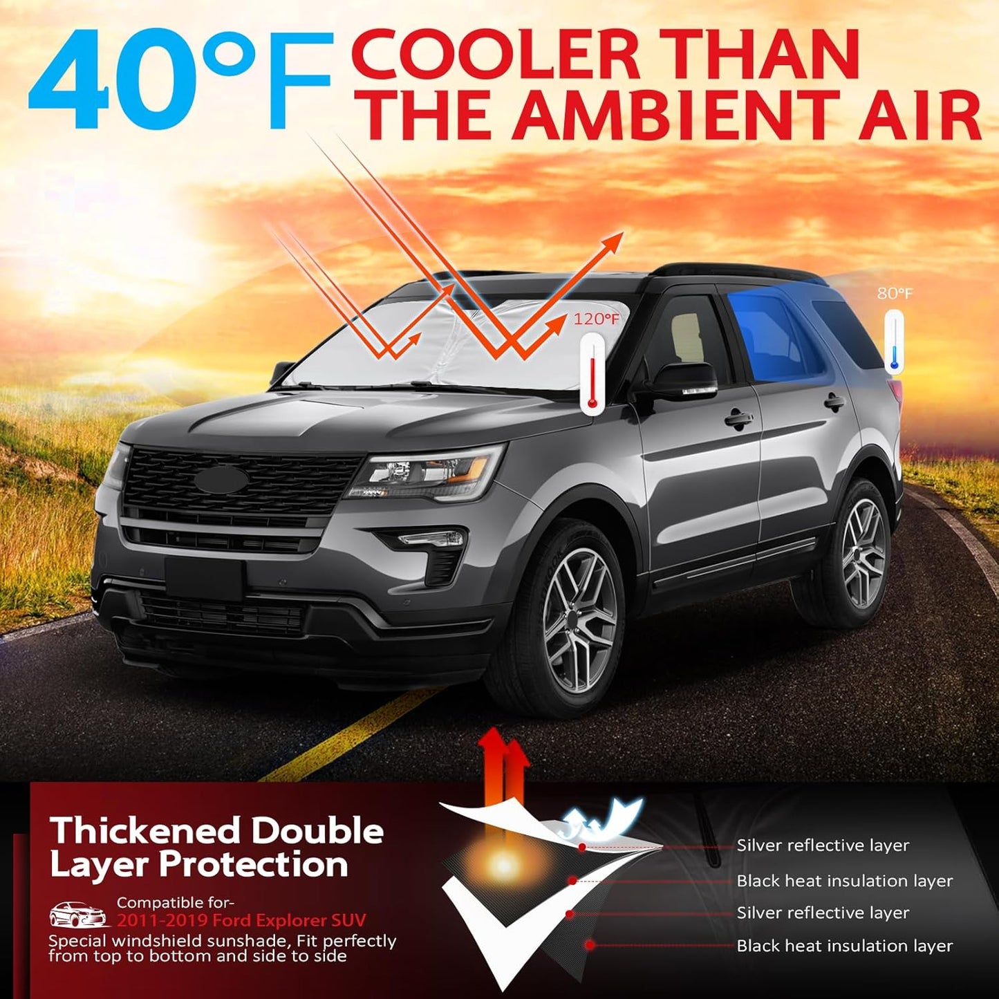 KAYZT Windshield Sun Shade for 2011-2019 Ford Explorer SUV Foldable Sunshade Front Window Custom Fit Car Accessories