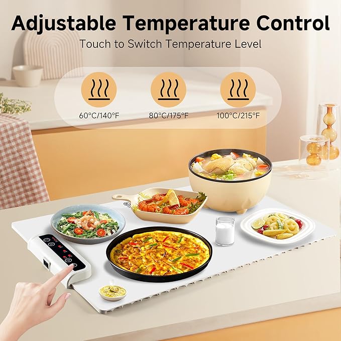 Food Warming Mat- Foldable Warming Mat for Food with Adjustable Temperature Control Time Moders Locking Function Electric Warming Tray for Parties,Home,Travel,Buffet White