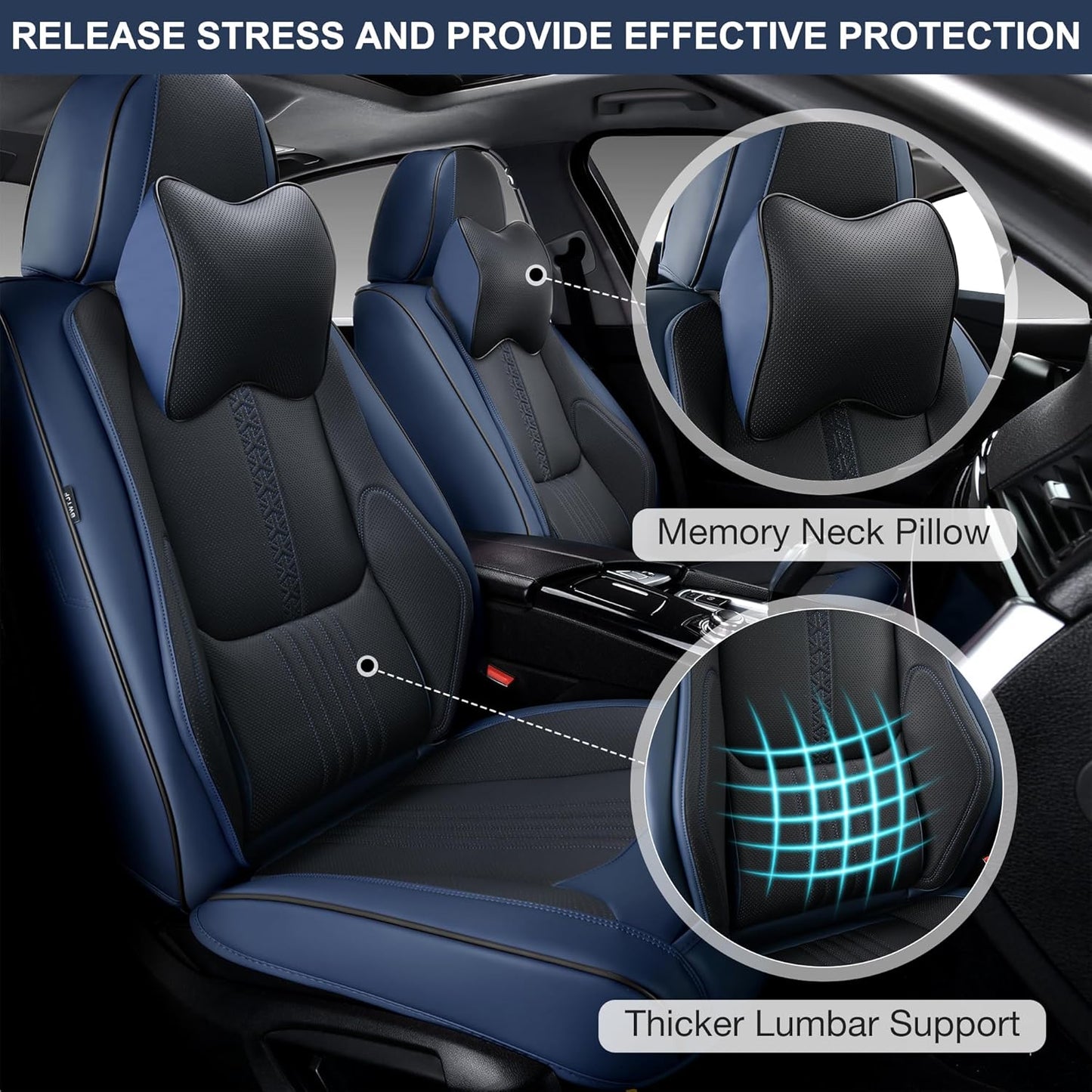 Car Seat Covers Full Set, Front and Rear Seat Covers for Cars, Waterproof Leather Auto Seat Protectors with Head Pillow, Car Seat Cushions Fit for Most Sedans SUV Pick-up Truck, Black&Navy