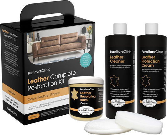 Furniture Clinic Leather Complete Restoration Kit | with Leather Recoloring Balm, Cleaner, 2-in-1 Protection Cream & Conditioner, Sponge, and Cloth | Repair Kit for Furniture (Cream)