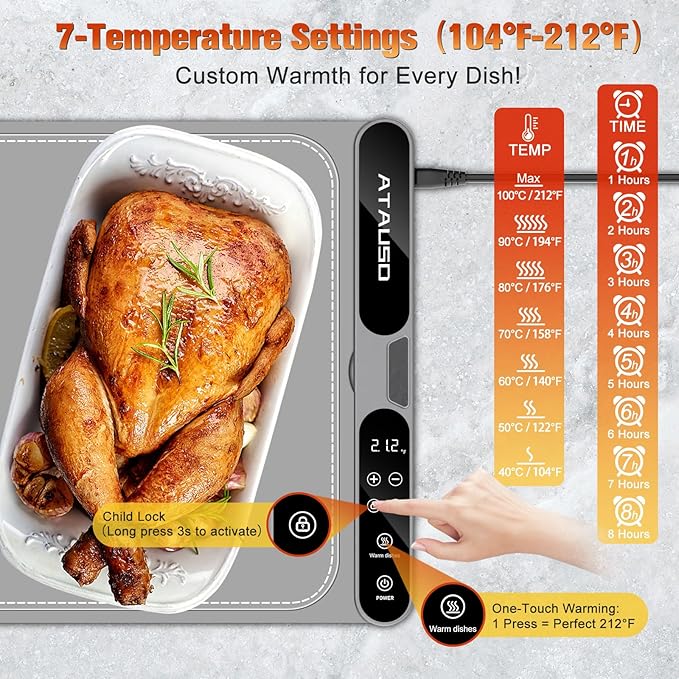 Warming Mat for Food Extra Large, Electric Warming Tray, 15"x31.5" Silicone Heating Mat with 7 Level Adjustable Temp and 8 Hours Timer, Food Warmer for Parties Buffet Home Travel, Dark Gray