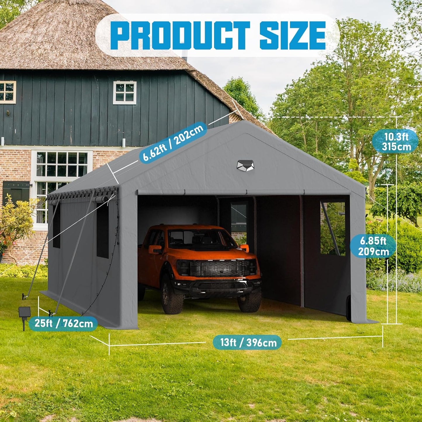 13x25 Carport, Heavy Duty Carport Canopy Garage with Removable Sidewalls and Drive Through Roll Up Zipper Doors, Grey