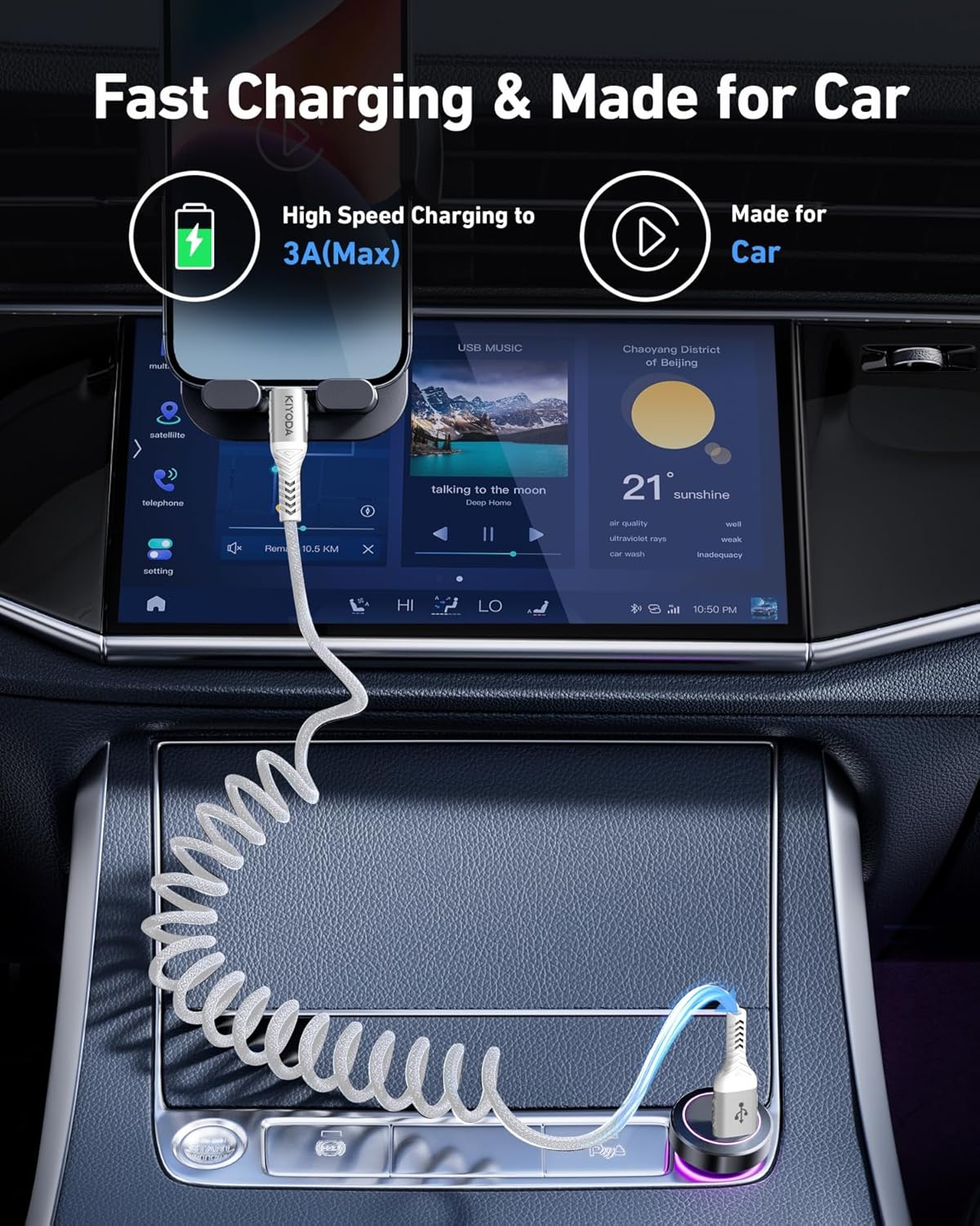 Coiled USB to USB C Cable for Car 3FT/6FT, USBC Cables Fast Charging Braided USB-A to USB-C Phone Charger Cord USB Type C Cable for iPhone 16 15 Pro Max, Samsung Galaxy S24 S23 and More-2Pack Silver