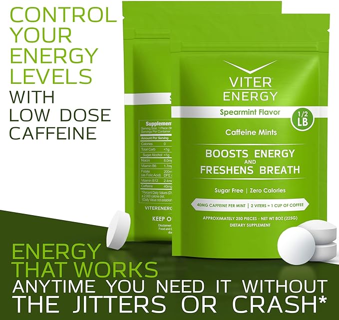 Viter Energy 40mg Caffeine Mints - Sugar Free, B Vitamins, Vegan, Boosts Fast Energized Alert Focus, Caffeinated Nootropic Supplement Pills (Spearmint Flavor, 8oz, Bulk Bag)