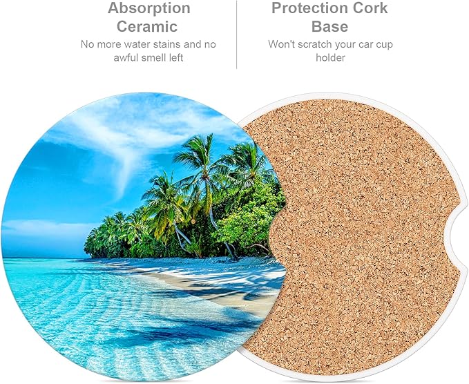 Car Cup Holder Coaster, Car Coasters for Cup Holders, 2 Pack Universal Anti Slip Insert Absorbent Ceramic Auto Interior Accessories with A Finger Notch & Cork Base, Sky and Sea