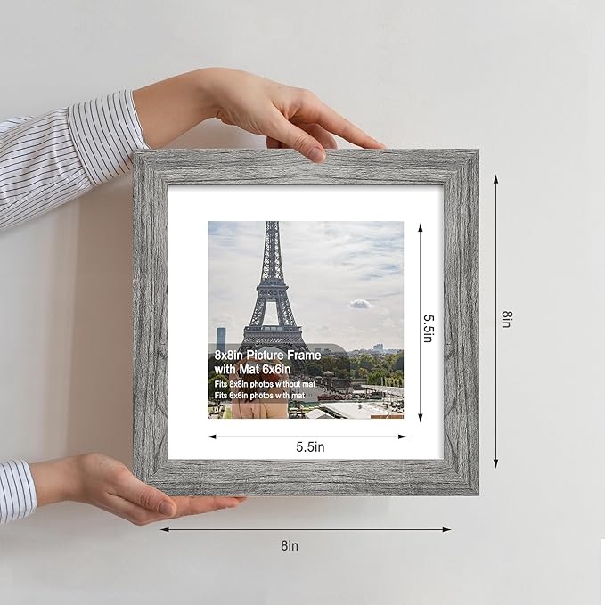 8x8 Picture Frames Set of 4, Made of Glass and Grey Wooden Frame - Display Picture 6x6 with Mat or 8 x 8 Without Mat, 8 by 8 Photo for Wall or Tabletop