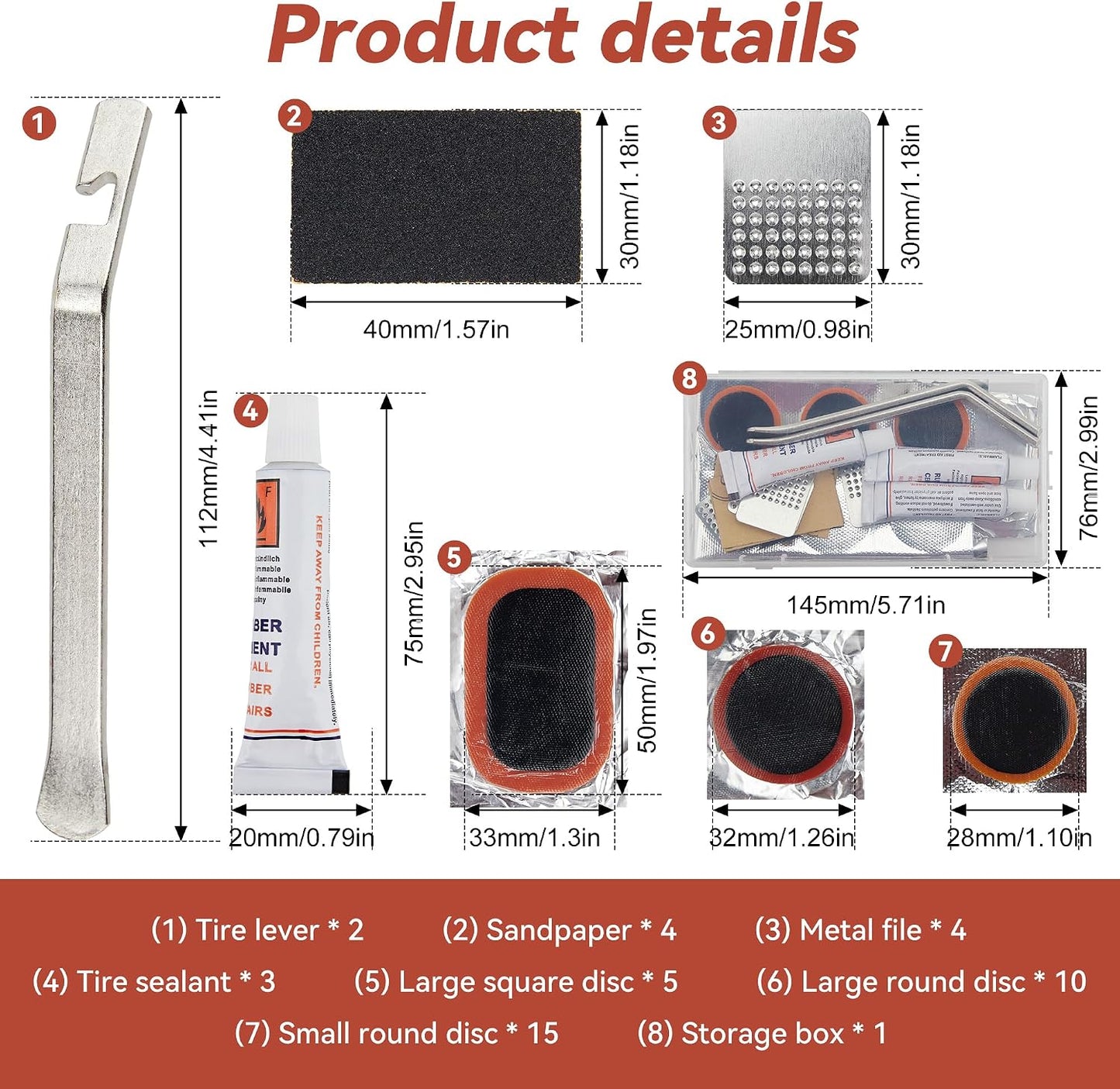 DDJ Bike Tire Repair Kit 43 PCS, Bicycle Inner Tube Puncture Patch Kits with 30 PCS Vulcanizing Parches, Metal Tire Lever & Rasp, Portable Bike Tire Patch Kit for MTB, Road Bike,Parches Para Bicicleta