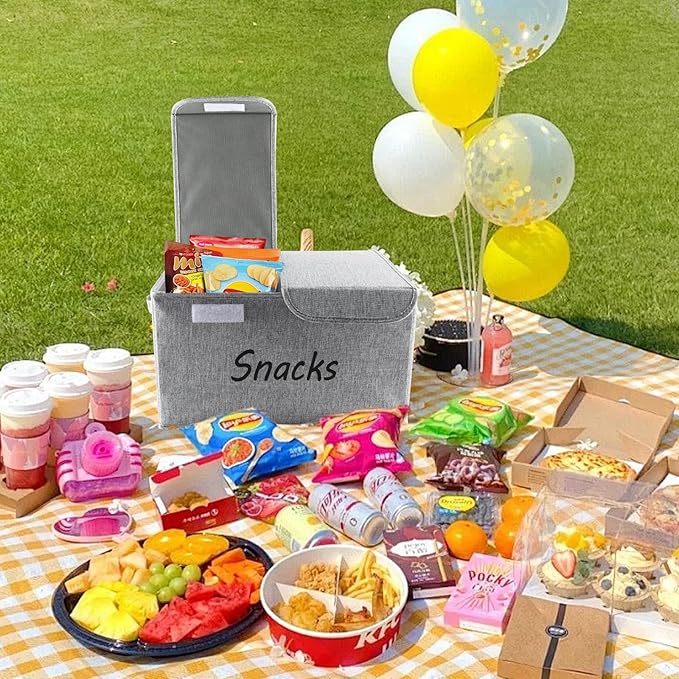 Snack Organizer for Pantry Shelf, Fabric Snack Organizer with Double Lids & Handles, Large 2-Compartment Snack Bin Snack Holder, Snack Basket for Chips Packets, Snack Bar Station Decor-Grey
