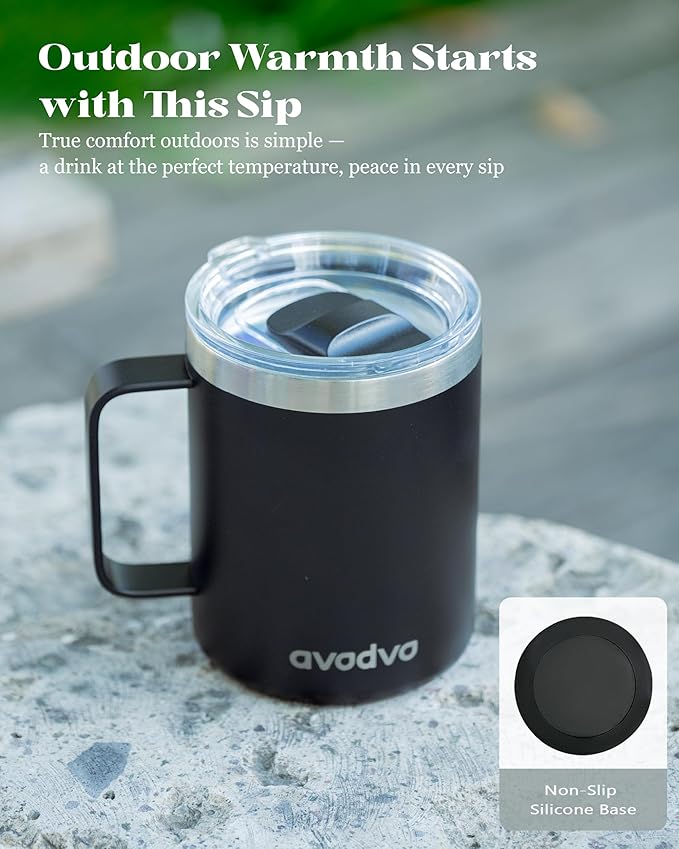 12oz Insulated Coffee Mug with Lid – Includes Two Lids, Stainless Steel Coffee Travel Mug with Handle, Double Wall Vacuum Insulated Camping Mug for Home, Office & Outdoor, Black