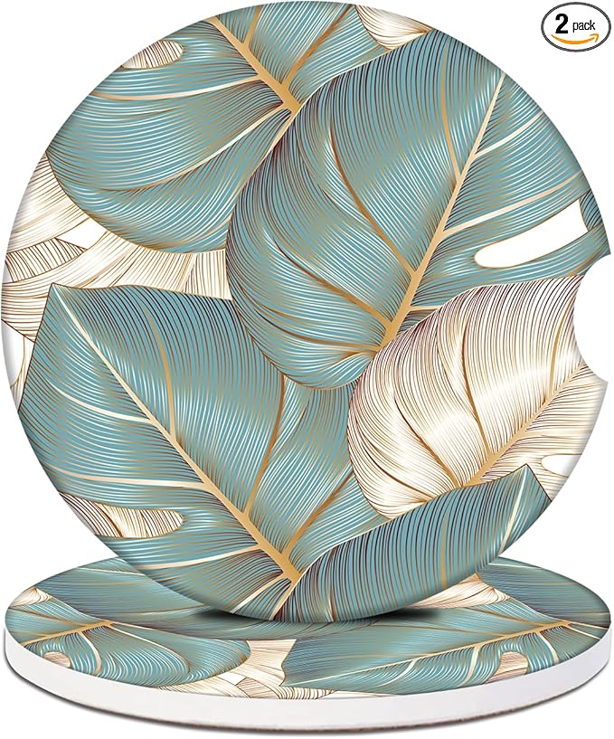 Car Cup Holder Coaster - Cyan Leaf Absorbent Ceramic Coaster 2 Pack, Car Coasters for Cup Holders, Fashion Car Interior Accessories Drink Coaster for Women & Men