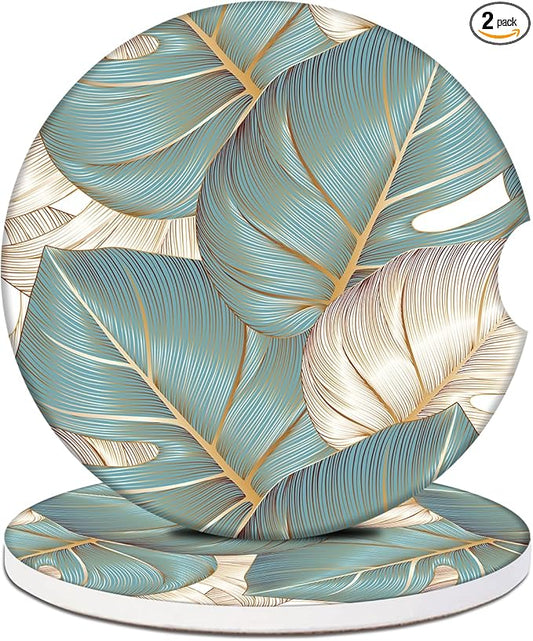 Car Cup Holder Coaster - Cyan Leaf Absorbent Ceramic Coaster 2 Pack, Car Coasters for Cup Holders, Fashion Car Interior Accessories Drink Coaster for Women & Men