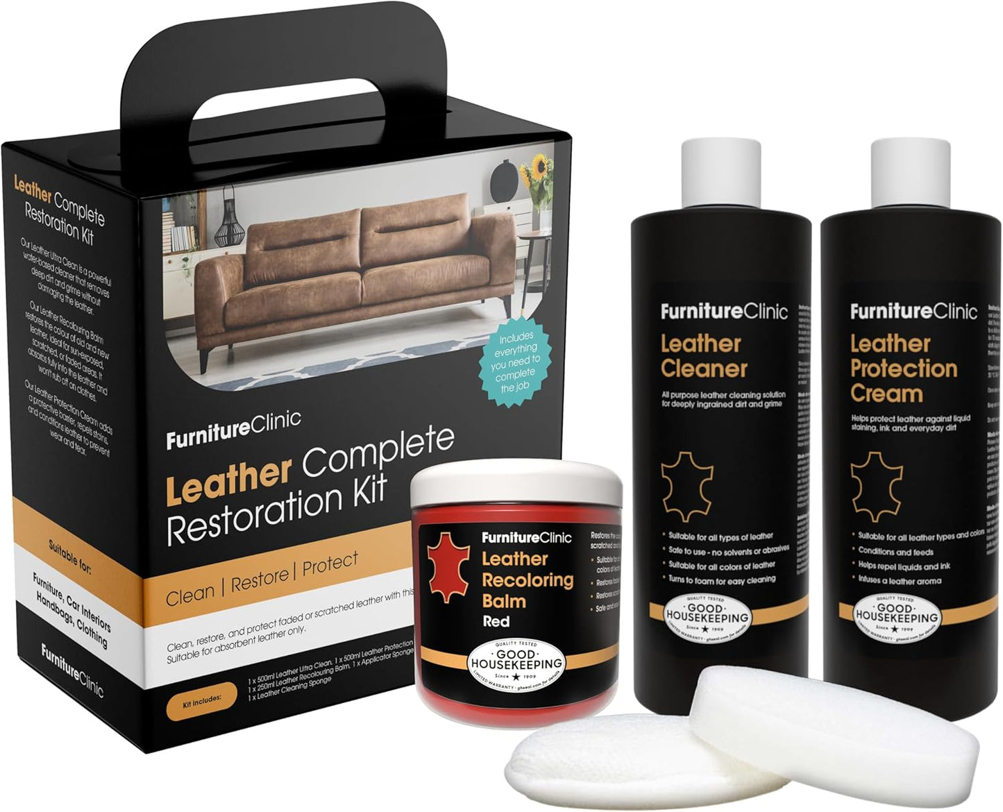 Furniture Clinic Leather Complete Restoration Kit | with Leather Recoloring Balm, Cleaner, 2-in-1 Protection Cream & Conditioner, Sponge, and Cloth | Repair Kit for Furniture (Red)