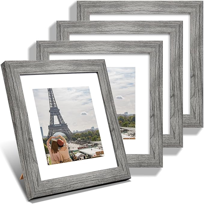 8x8 Picture Frames Set of 4, Made of Glass and Grey Wooden Frame - Display Picture 6x6 with Mat or 8 x 8 Without Mat, 8 by 8 Photo for Wall or Tabletop