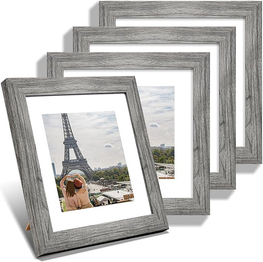 8x8 Picture Frames Set of 4, Made of Glass and Grey Wooden Frame - Display Picture 6x6 with Mat or 8 x 8 Without Mat, 8 by 8 Photo for Wall or Tabletop