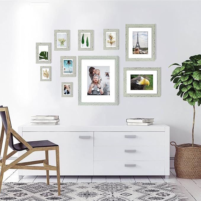 8x10 Picture Frame Set of 4, Made of Real Glass and Sage Green Wooden Frame, 8 by 10 Photo for Wall or Tabletop - Display Picture 5x7 with Mat or 8x10 Without Mat