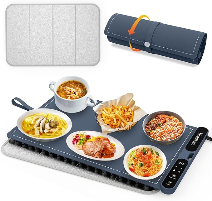 Homelove Food Warming Mat for Parties Buffet - Full Surface Fast Heating Electric Warming Tray with 7 Temp-Settings & 8H Timer, Portable Roll Up Food Warmer with Heat Insulation Pad XL-Navy