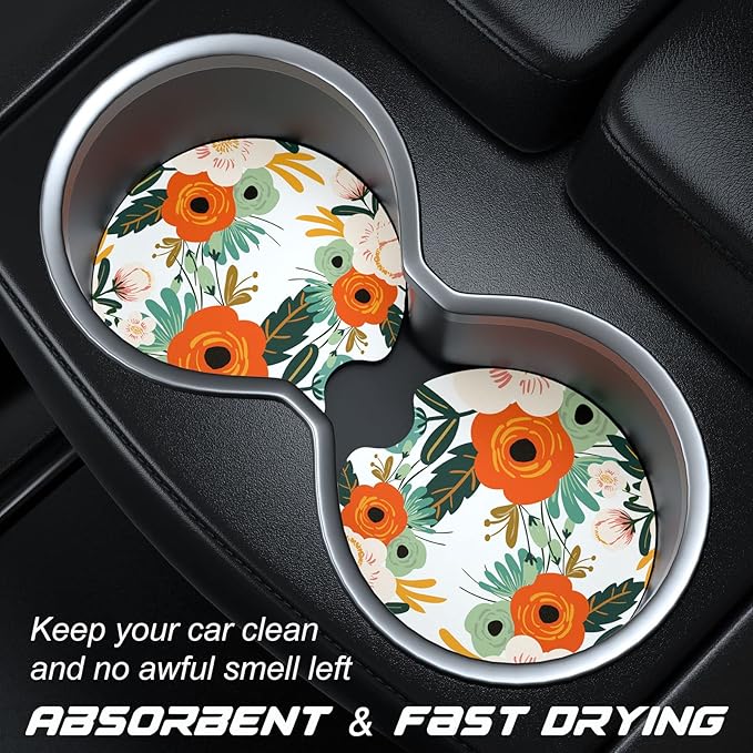 Car Cup Holder Coasters, 2 Pack Universal Auto Anti Slip Insert Coaster with A Finger Notch, Cute Car Assecories for Women Men, Cup Mat for Most Interior, White Flower