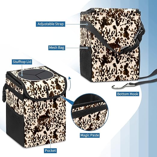 Brown Western Cow Print Car Trash Can with Lid - Collapsible Reusable Waterproof Automotive Garbage Can