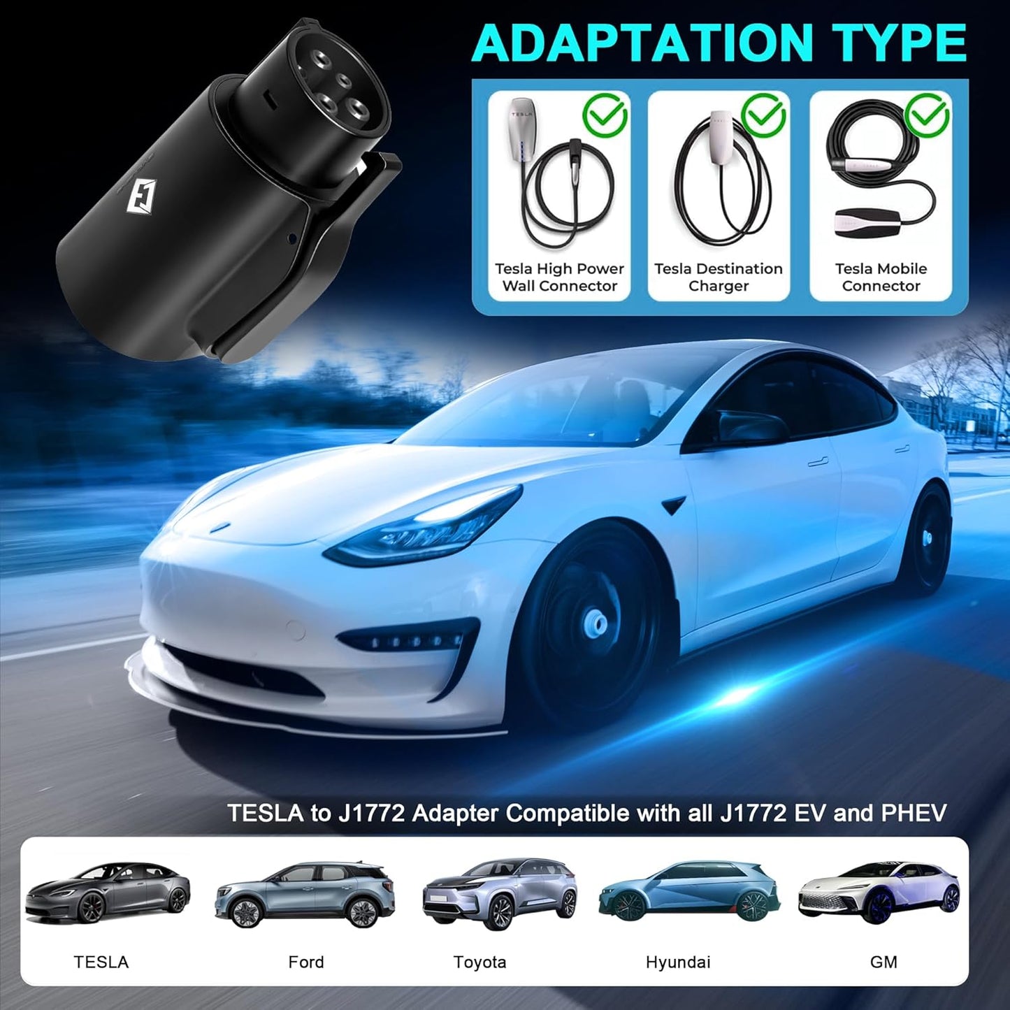 Tesla to J1772 Adapter, for All J1772 EV, 80A 250V Max, Portable and Outdoor EV Adapter, for Tesla High Powered Connectors, Destination Charger, Mobile Charger, Wall Charger, (Black)
