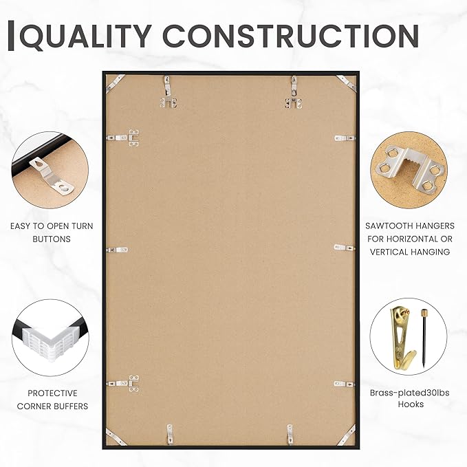 Heimlove 24x36 Black Aluminum Picture Frames, Large 20x30 Poster Frames for Wall, Versatile Wall Display Frames with Mat for 20x30 Photos for Home, Room, Office, Attached Hanging Hardware, 1Pack
