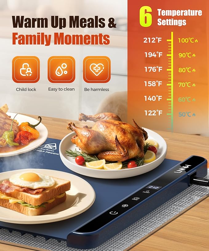 Food Warming Mat with Heat-Resistant Pad, 26X15 Inch, 6 Temperature & 6 Timer Settings, Child Lock Safety, Electric Warming Tray for Gatherings,Parties,Everyday Use