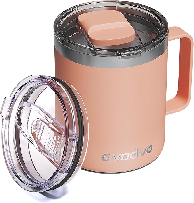 12oz Insulated Coffee Mug with Lid – Includes Two Lids, Stainless Steel Coffee Travel Mug with Handle, Double Wall Vacuum Insulated Camping Mug for Home, Office & Outdoor, Orange
