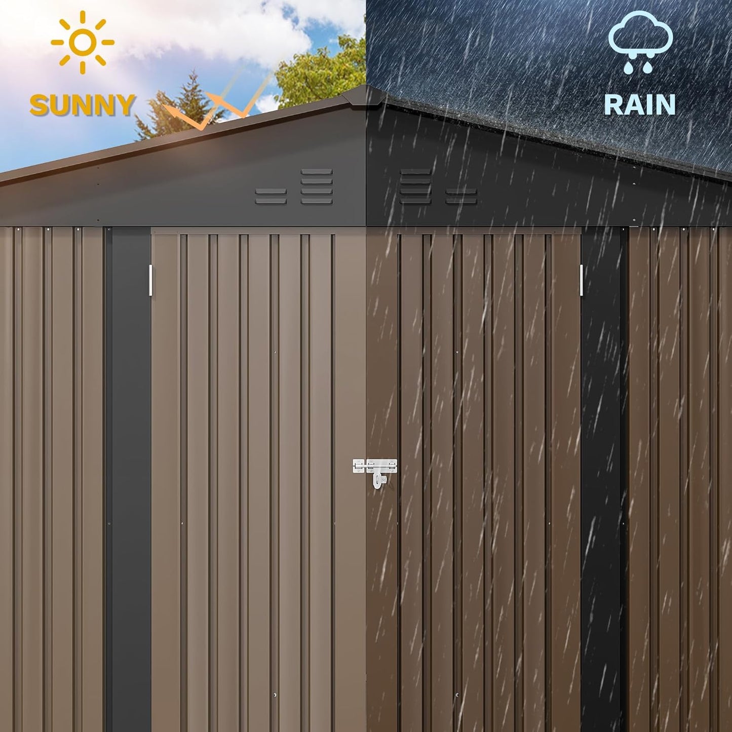 DWVO 10x8FT Outdoor Storage Shed, Spacious Metal Tool Shed with Lockable Doors & Ventilation for Patio, Lawn, and Backyard, Ideal for Storing Garden Equipment, Lawnmowers, and Bicycles, Brown