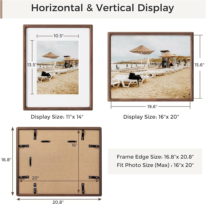Heimlove 16x20 Picture Frames Natural Walnut,Original Wood Hand Make Crafted Poster Frame with Mat to 11x14 Graduation Picture Display,Family Picture,Wedding Picture,Photo,Document Wall Mounted